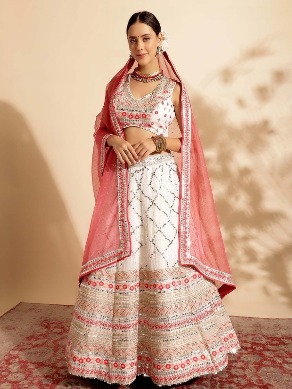 Off White Pure Georgette Readymade Lehenga Choli